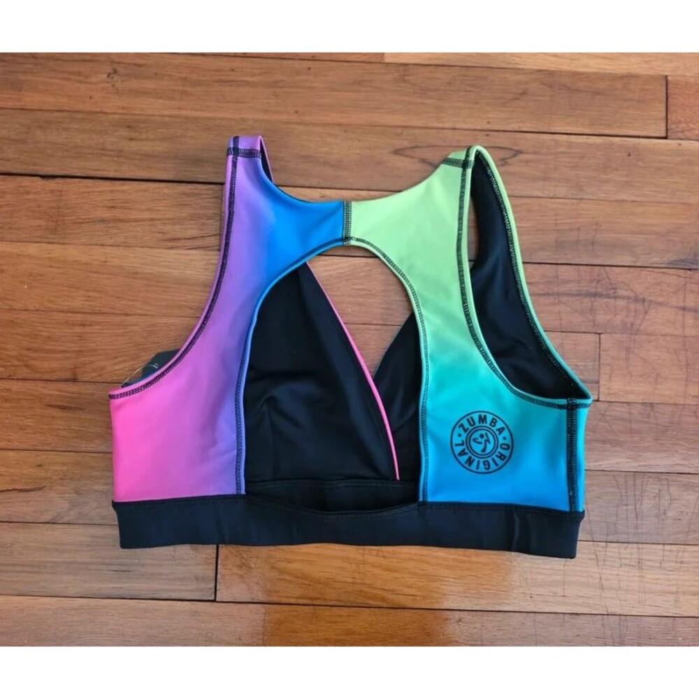 NWT Zumba Fitness WE AR Plunge V-Neck Sports Bra – Multicolor Ombre - Sz Large - Picture 3 of 9